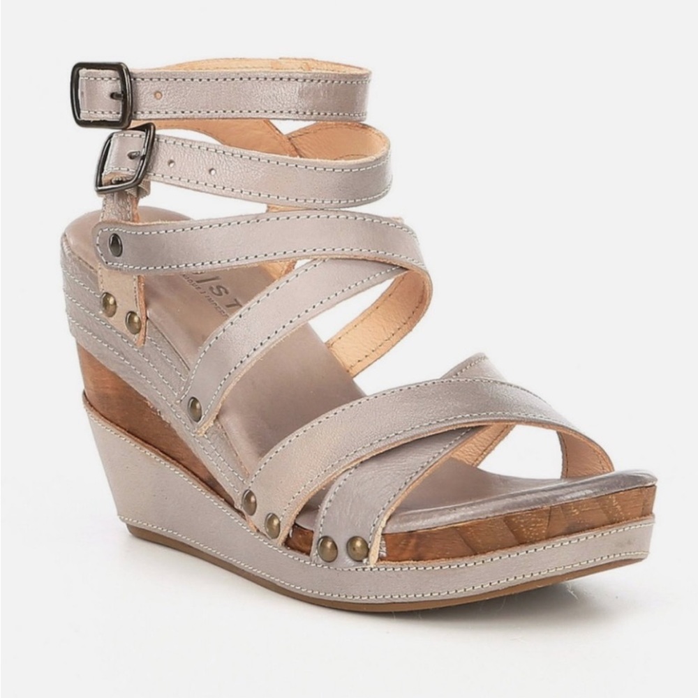 BED|STU JULIANA DISTRESSED LEATHER STRAPPY WOODEN WEDGE HEEL SANDAL